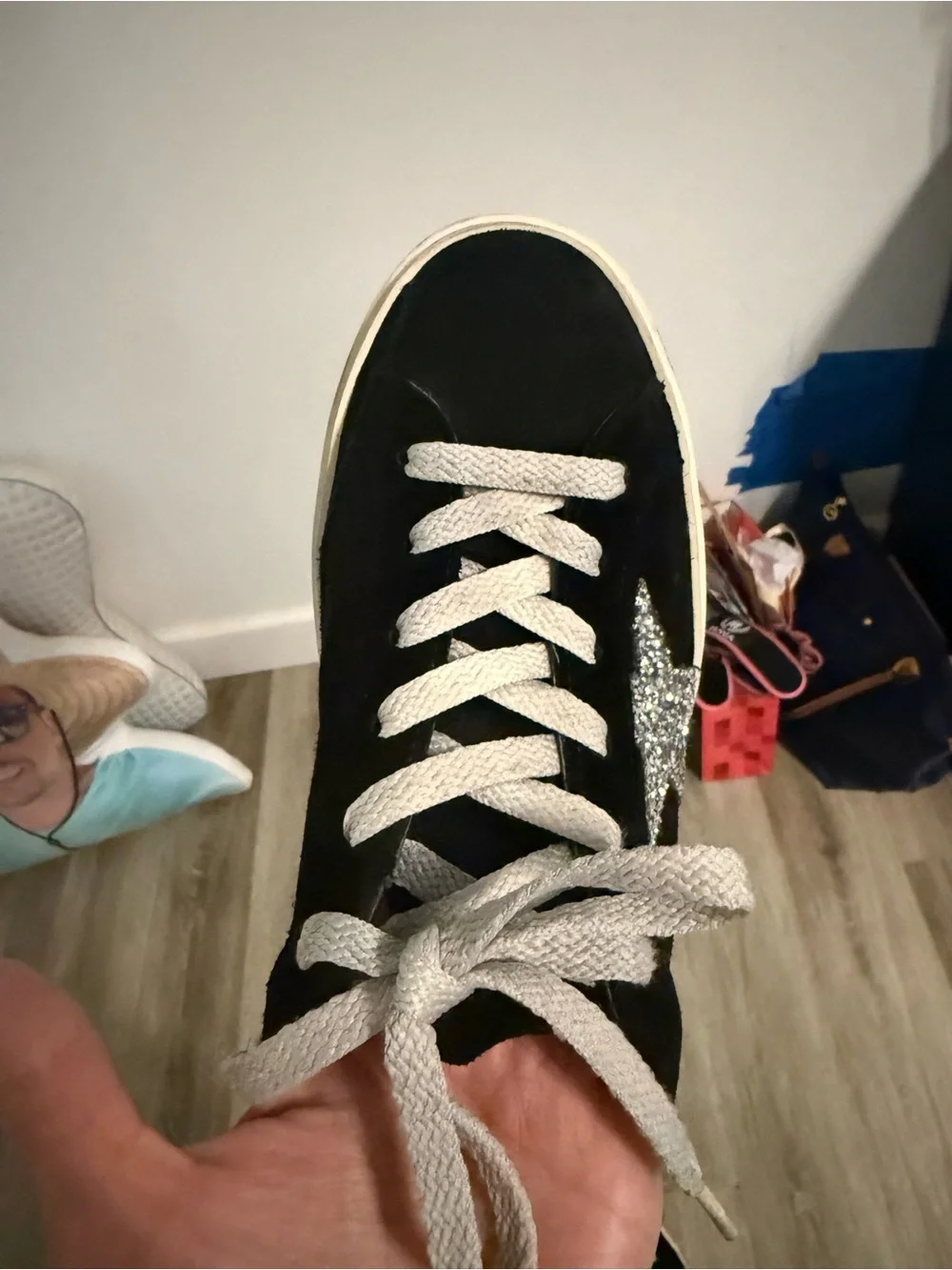 Golden Goose Hi Star Women’s Black Suede with Silver Glitter Star. Size 39